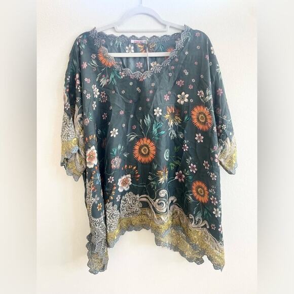 Johnny Was Gray scalloped Adalee 100% silk floral print blouse top 1X NWT - Picture 2 of 9